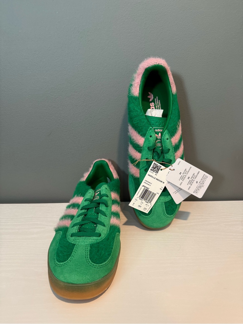 adidas Green with Pink Stripe Fuzzy Gazelle Sneakers